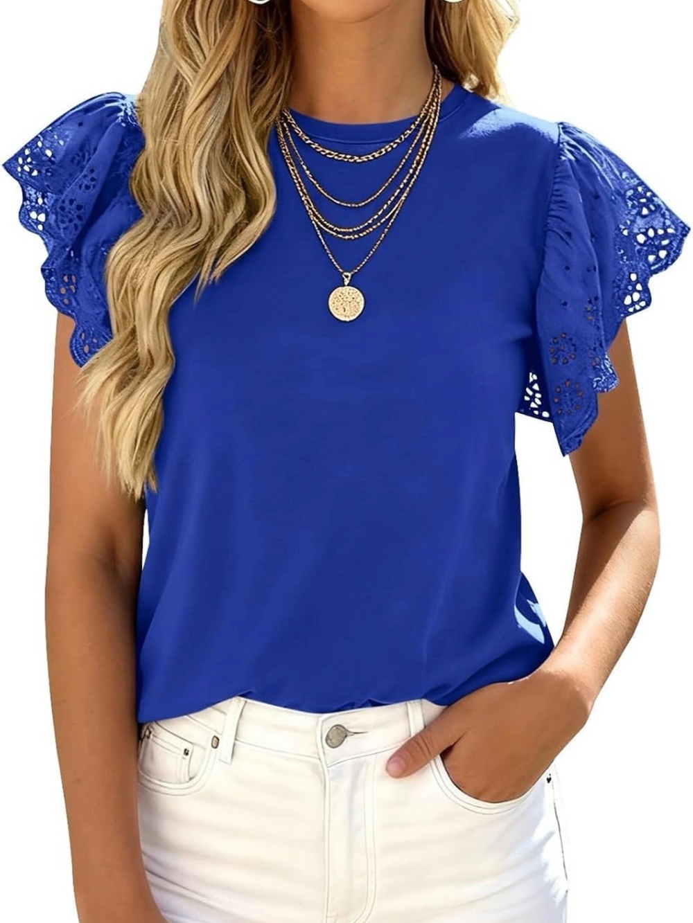 PRETTYGARDEN Womens Tops Dressy Casual Hollow Out Short Sleeve Summer Basic -NEW